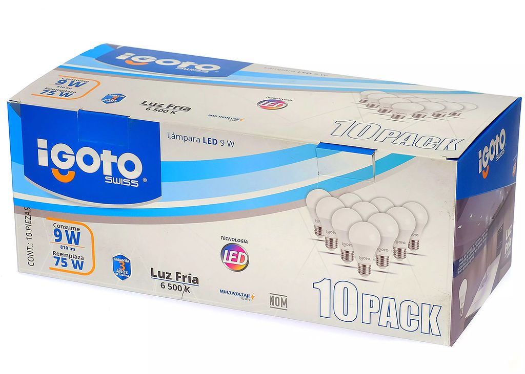 FOCO LED 9 W LUZ BLANCA 6500 K BASE E27 A19 (10 PZAS), AXO LIGHT
