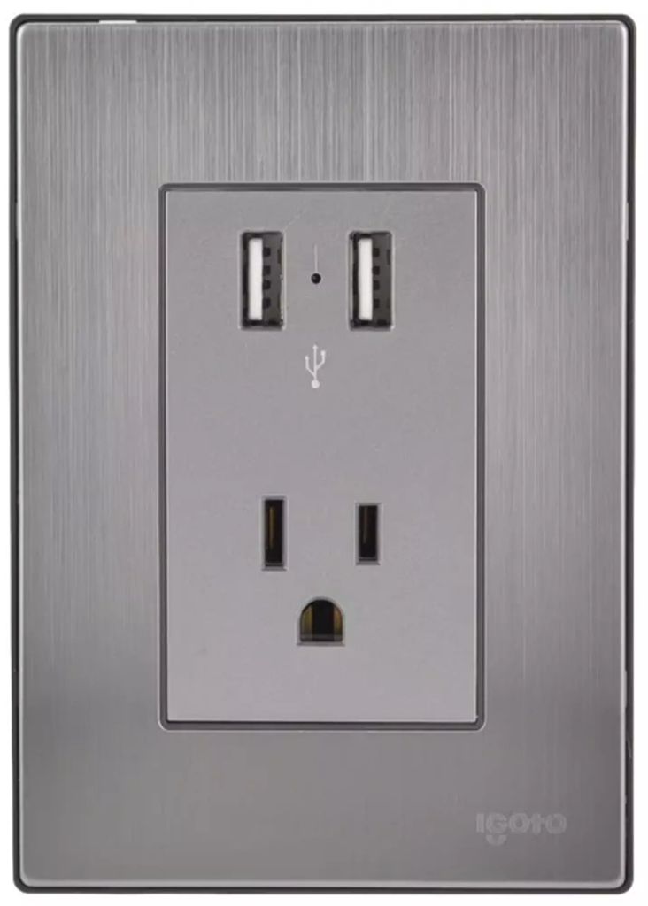 CONTACTO ELECTRICO CON PLACA DE A. INOX ATERRIZADO 125 V 15 A CON 2 ENTRADAS USB 2.1 A ACABADO PLATA, AXO LIGHT