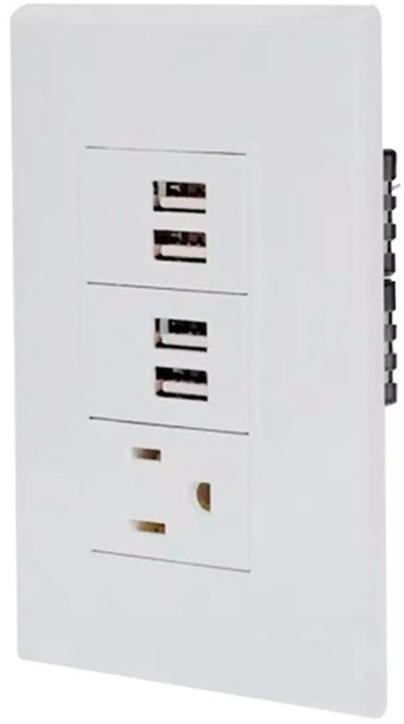 CONTACTO ELECTRICO C/PLACA SENCILLO 15A 125V + 4 CARG USB 2.1A BLANCO, AXO LIGHT