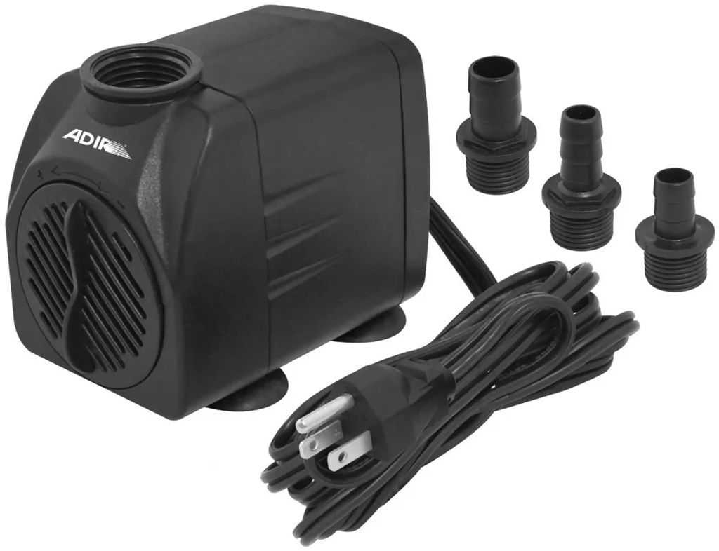 BOMBA SUMERGIBLE PARA FUENTES Y ACUARIOS 25 W 25 LPM ALTURA 2.5 MT CON 3 CONECTORES PARA MANGUERA, ADIR