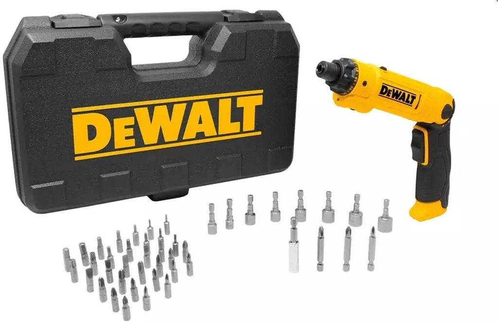 ATORNILLADOR INALAMBRICO 08.0V 1/4" VVR 0-180/0-600RPM 3P C/CARGADOR LUZ LED 45 ACCS CAJA PLASTICA, DEWALT