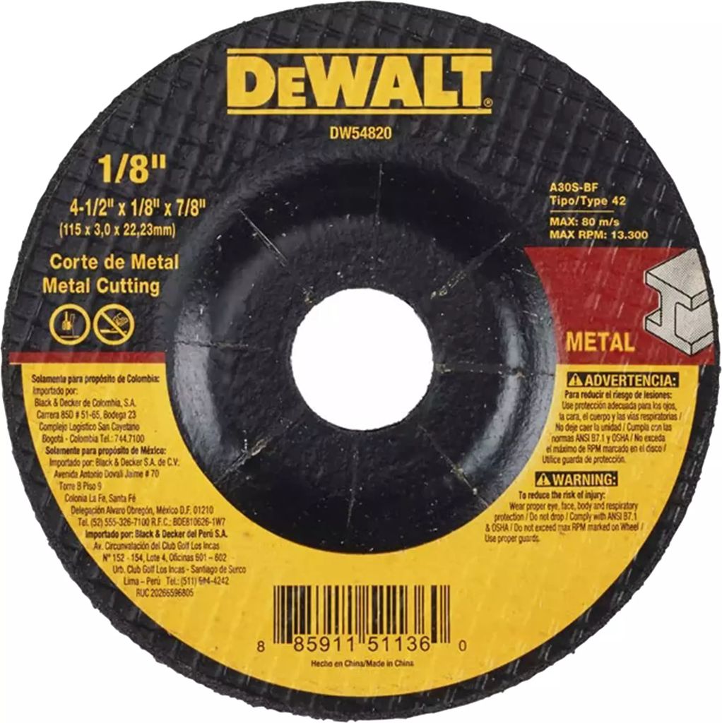 DISCO PARA CORTE METAL 4 1/2"X1/8"X7/8" DOBLE REFUERZO, DEWALT