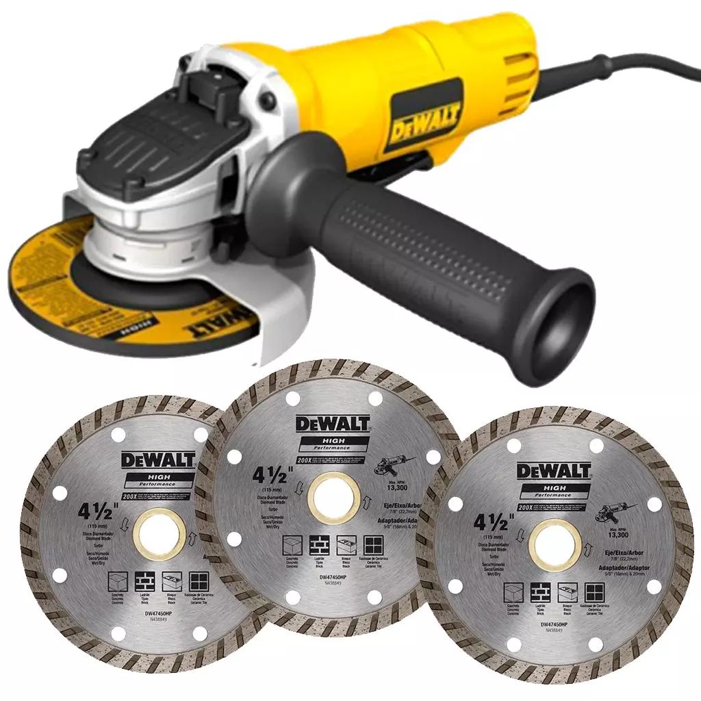 MINI ESMERILADORA ANGULAR 4.1/2" 900 W 11000 RPM 5/8-11 + 3 DISCOS DE DIAMANTE 4.1/2", DEWALT
