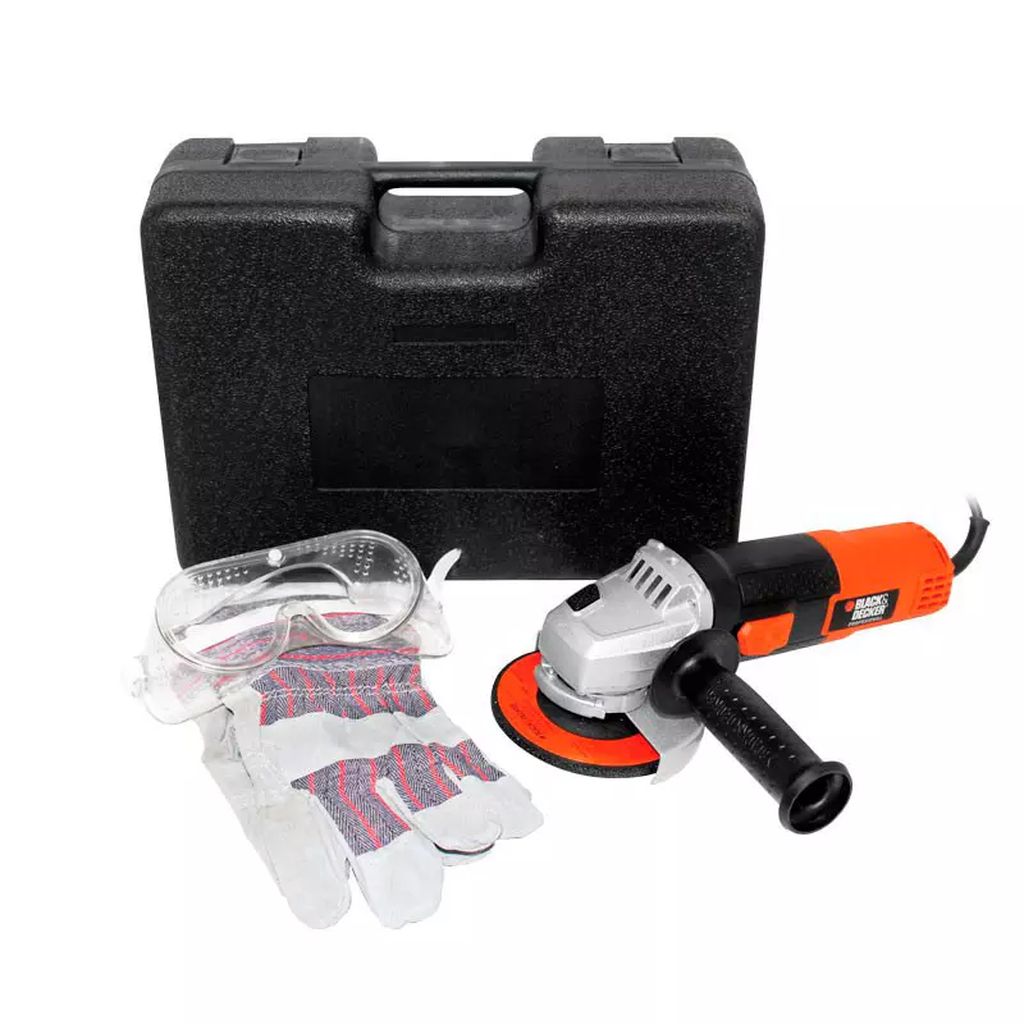 MINI ESMERILADORA ANGULAR 4.1/2" 820 W 11000 RPM 5/8-11 + CAJA PLASTICA + GUANTES + GOOGLES, BLACK AND DECKER