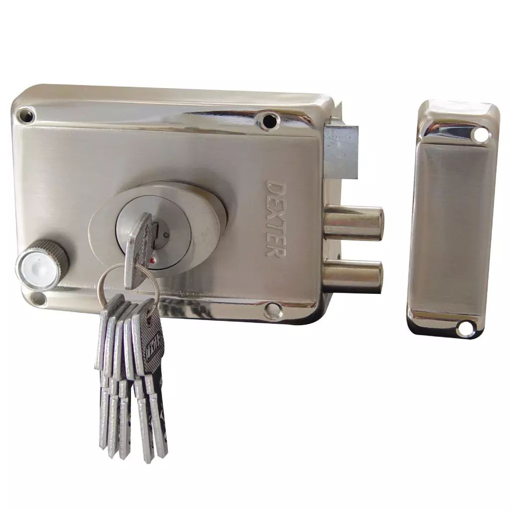 CERRADURA D/SOBREPONER DER/IZQ AUT. 2 BARRAS ALTA SEG. INSTALA FACIL LLAVE/PUNTOS CROMO SATINADO, DEXTER