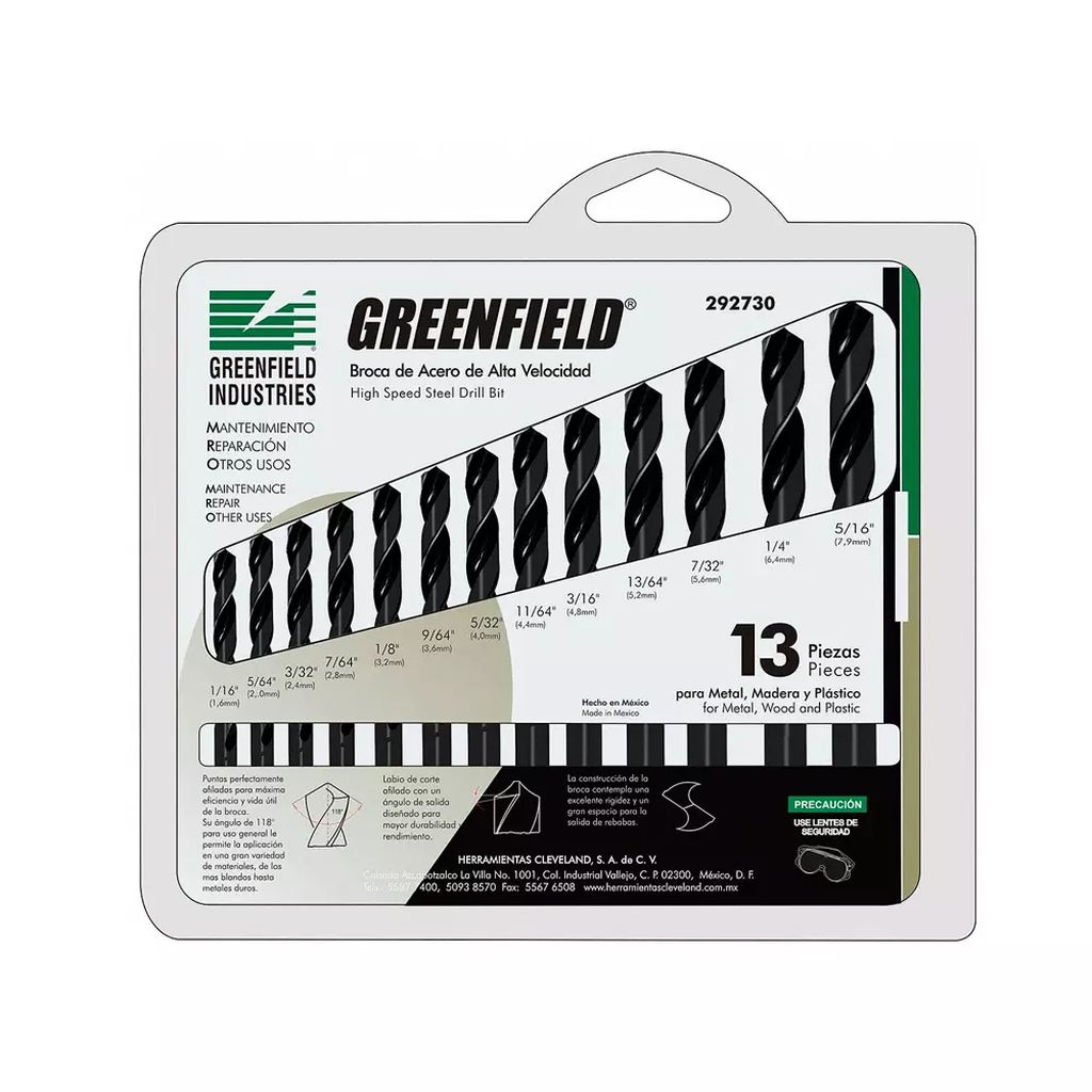 JUEGO DE BROCAS DE ZANCO RECTO FRACCIONAL 1/16" X 1/4" A.A.V.(13PZS), GREENFIELD