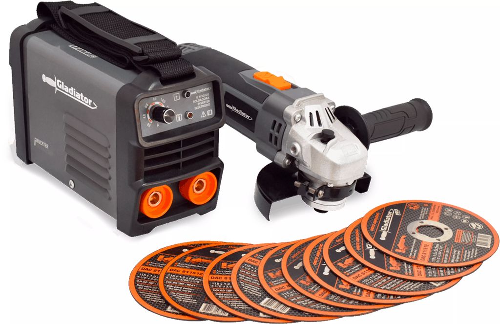 SOLDADORA INVERTER 130 A + ESMERILADORA ANGULAR 4.1/2" 600 W + 10 DISCOS 4.1/2"X1.4MMX7/8", GLADIATOR