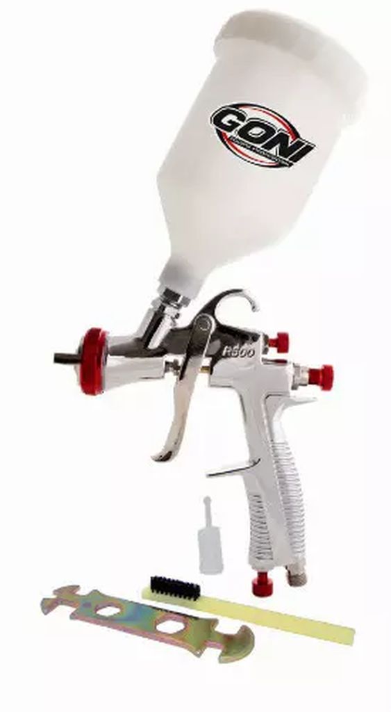 PISTOLA PARA PINTAR DE GRAVEDAD PARA PINTURAS VINÍLICAS VASO PLASTICO 600 ML LVLP Y BOQUILLA DE 2 MM, GONI