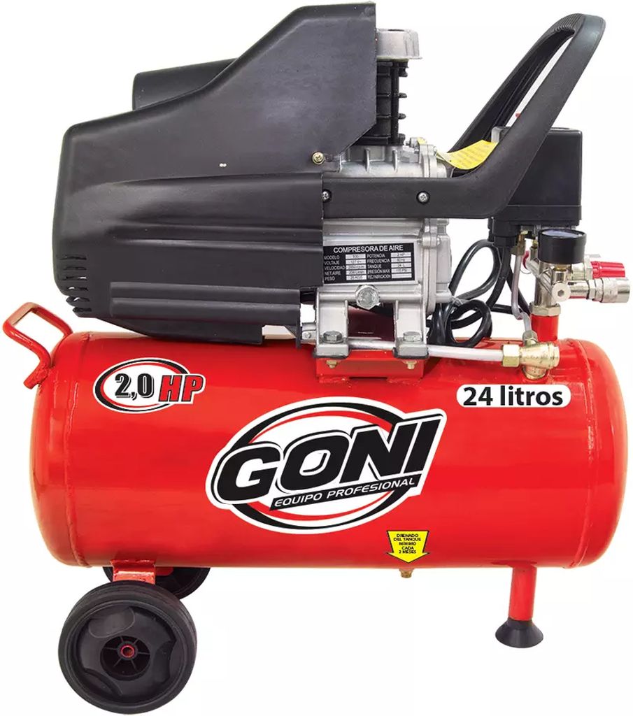 COMPRESOR MOTO LUBRICADO 120 VOLT 3450 RPM 2.0 HP 24 LT. HORIZONTAL, GONI