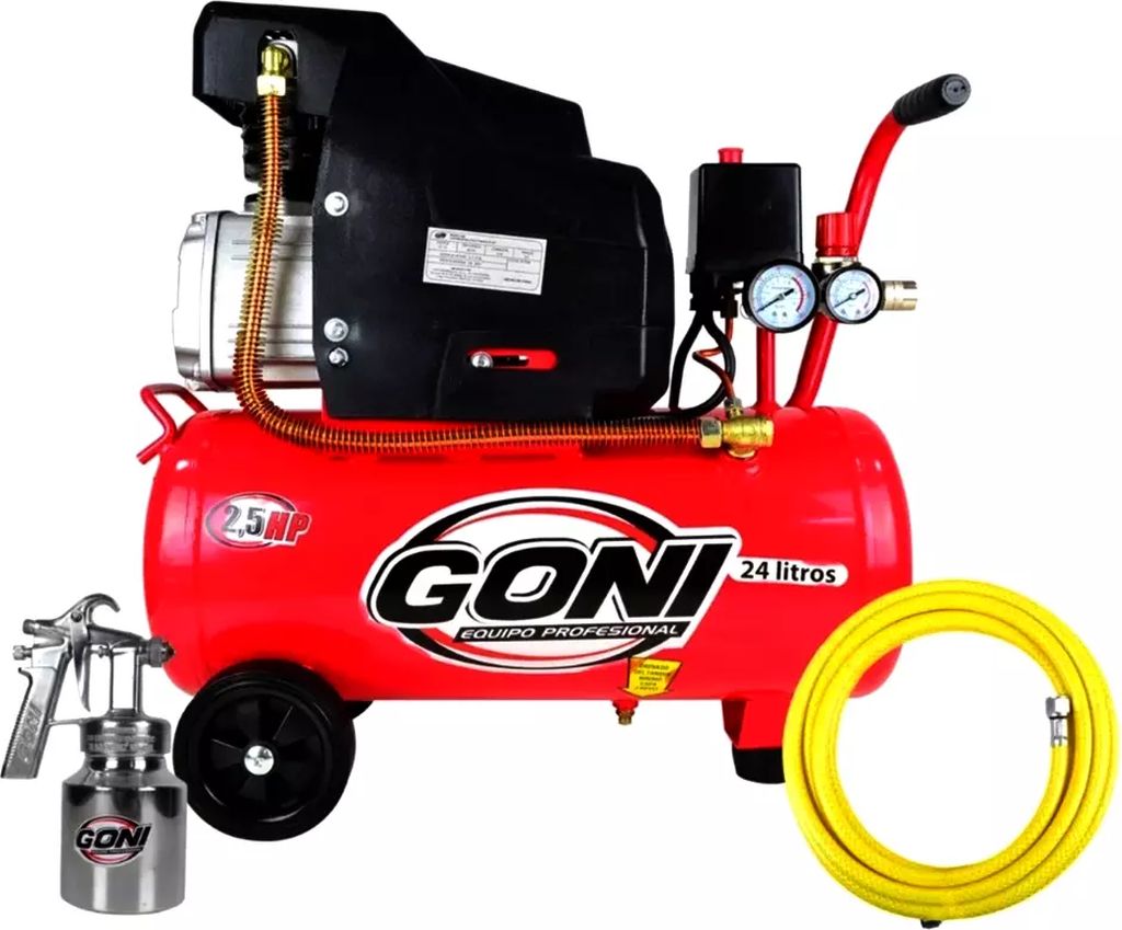 COMPRESOR MOTO LUBRICADO 120V 3450 RPM 2.0 HP 24 LT. HORIZONTAL + MANGUERA 170 + PISTOLA 28VINILICA, GONI