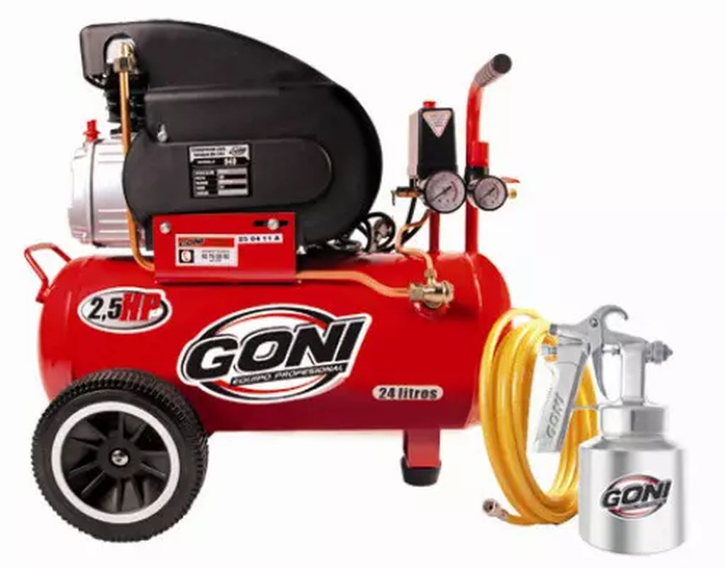 COMPRESOR MOTO LUBRICADO 120 VOLT 3400 RPM 2.5 HP 24 LT. 115PSI HORIZONTAL +MANGUERA Y PISTOLA, GONI