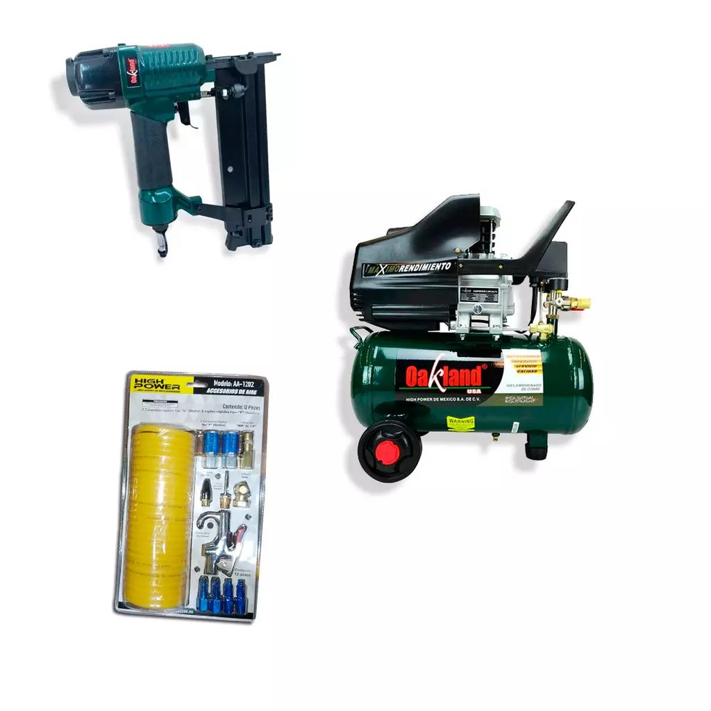 COMPRESOR MOTO LUBRICADO 3450RPM 2.5HP 25LT+CLAVADORA NEUMATICA 5/8"-2"+ACCESORIOS DE AIRE(12PZAS), OAKLAND