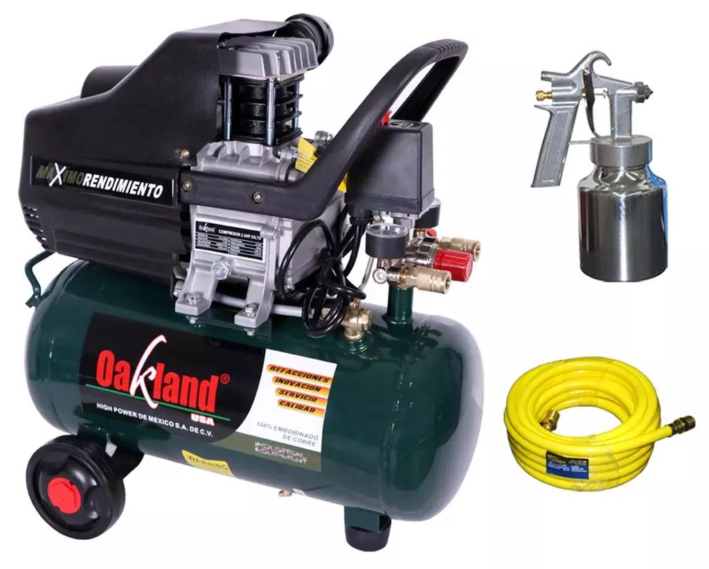 COMPRESOR MOTO LUBRICADO 120 VOLT 2850 RPM 2.5 HP 25 LT. 115PSI HORIZONTAL +MANGUERA Y PISTOLA, OAKLAND