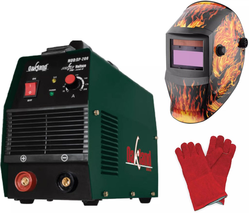 SOLDADORA PARA ELECTRODO REVESTIDO INVERTER 030-200 A 110/220 V (CA) CABLES CARETA CEPILLO + CARETA FUEGO + GUANTES, OAKLAND