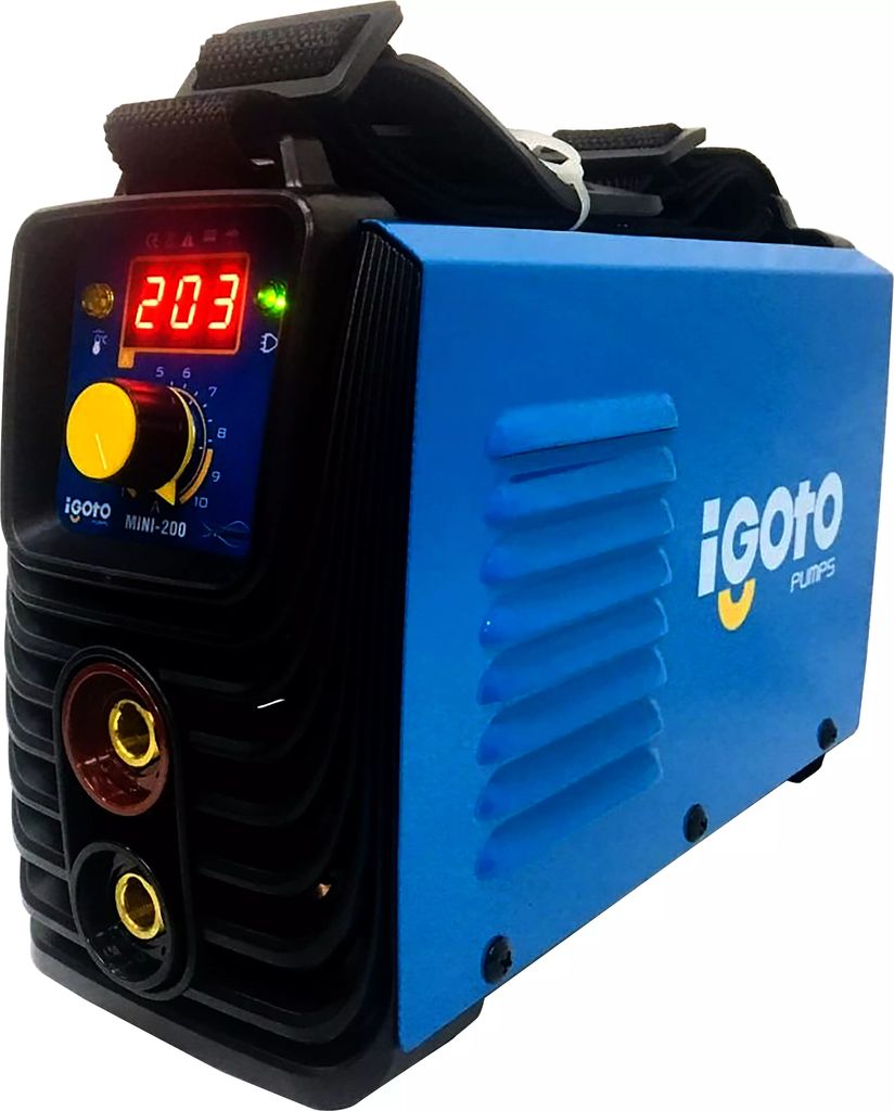 SOLDADORA PARA ELECTRODO REVESTIDO INVERTER 030-200 A 110/220 V (CA) CON CABLES CARETA Y CEPILLO, IGOTO