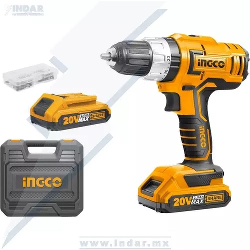 ROTOMARTILLO INALAMBRICO 1/2" 20 V + 2 BATERIAS 2 AH + CARGADOR + MALETÍN + 50 ACCESORIOS, INGCO
