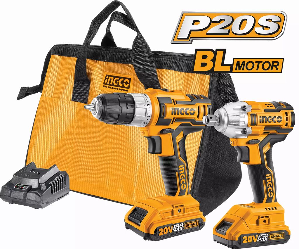 TALADRO ATOR.  IN 3/8 20V+PIST DE IMP 1/2 20V SIN CARB 0-2100RPM 3300GPM 300NM + 2BAT+CARG+MALET ACC, INGCO