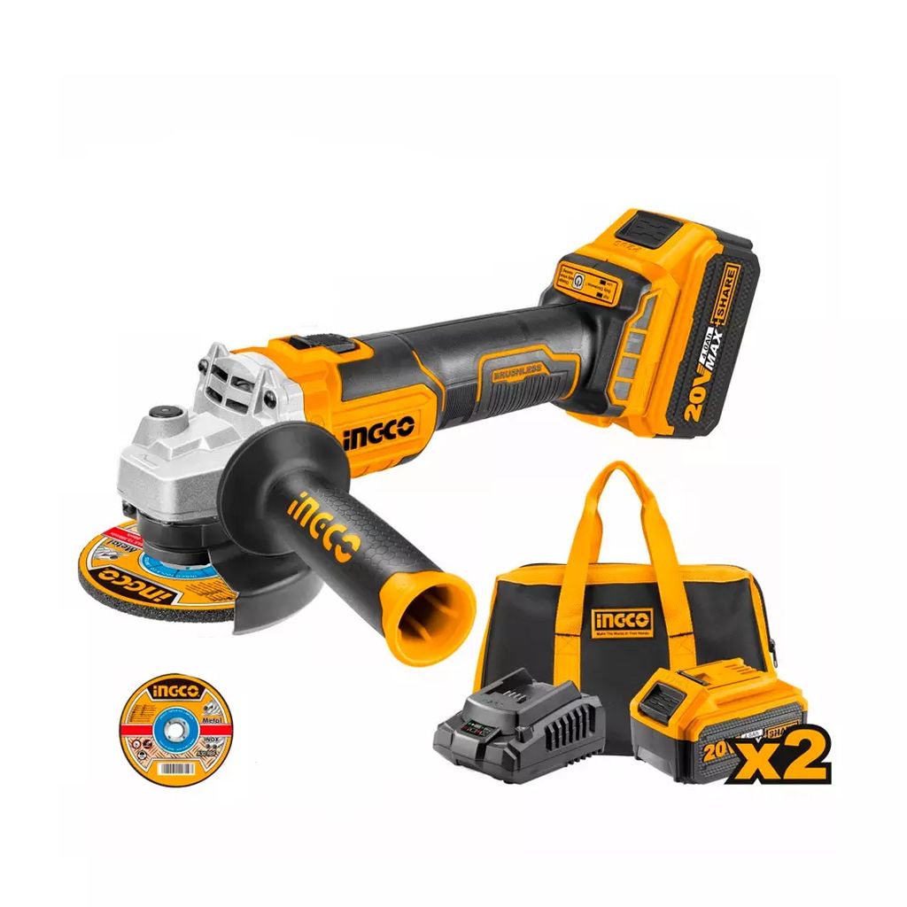 MINI ESMERILADORA ANGULAR INALAMBRICA 4.1/2" 20V 3000/8500RPM 5/8-11 C/2 BATRIA 4.0AH+CARGADOR, INGCO