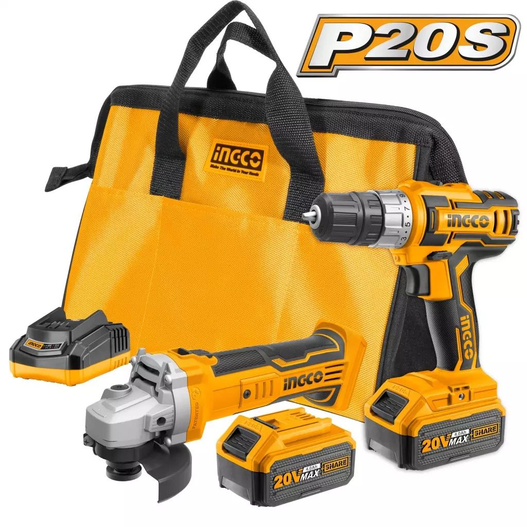 MINI ESMERIL ANG IN 4.1/2 20V 8500RPM M14 + ROTOMARTILLO 3/8 20V 2VV 400-1500RPM+2BAT 4AH+CARG+BOLSA, INGCO