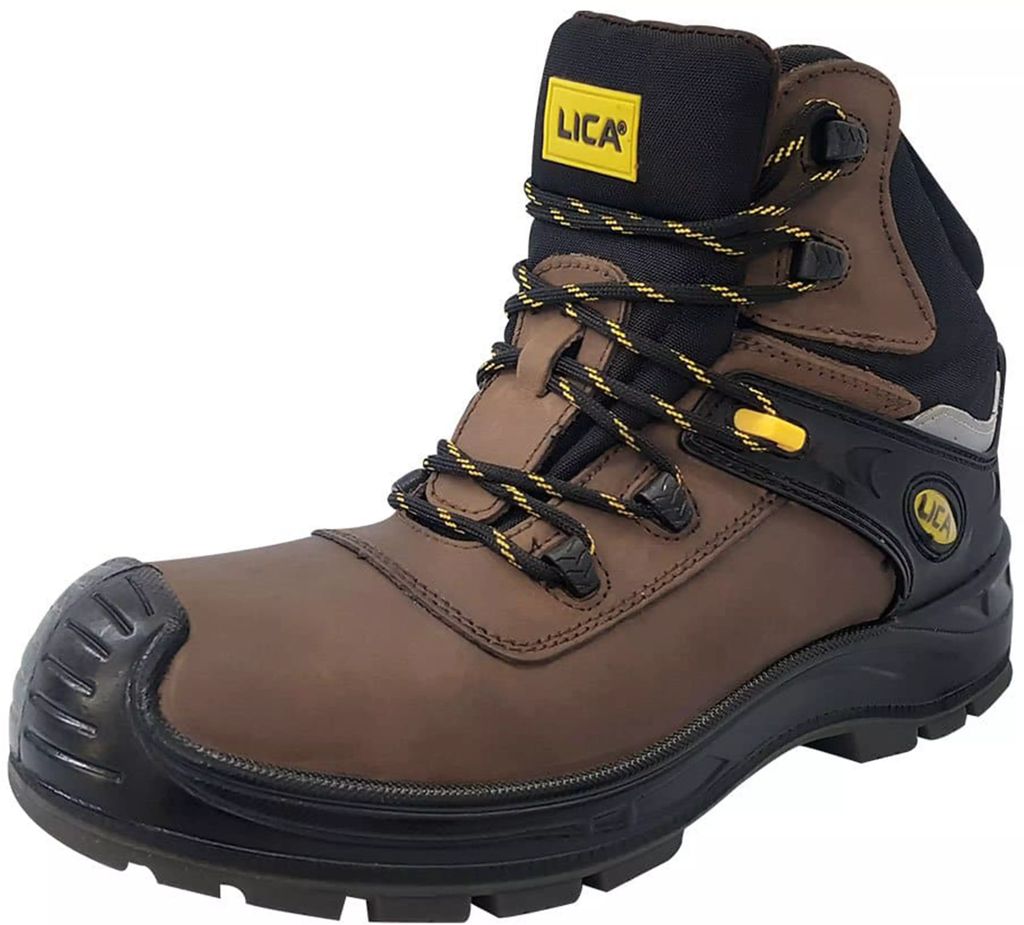 BOTA DE SEGURIDAD #24 COLOR CAFE DIELECTRICA SUELA AZUL ANTIDERRAPANTE CON CASQUILLO DE POLIAMIDA, LICA