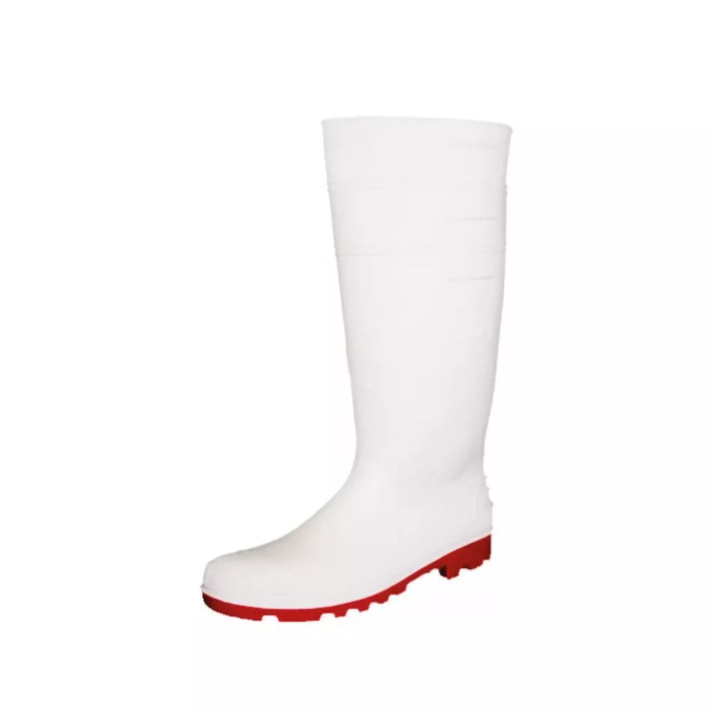 BOTA SANITARIA BLANCA TALLA 24 PVC Y CALCETA POLIESTER/ALGODON SUELA ROJA DUREZA 65-75 SHORE A, LICA