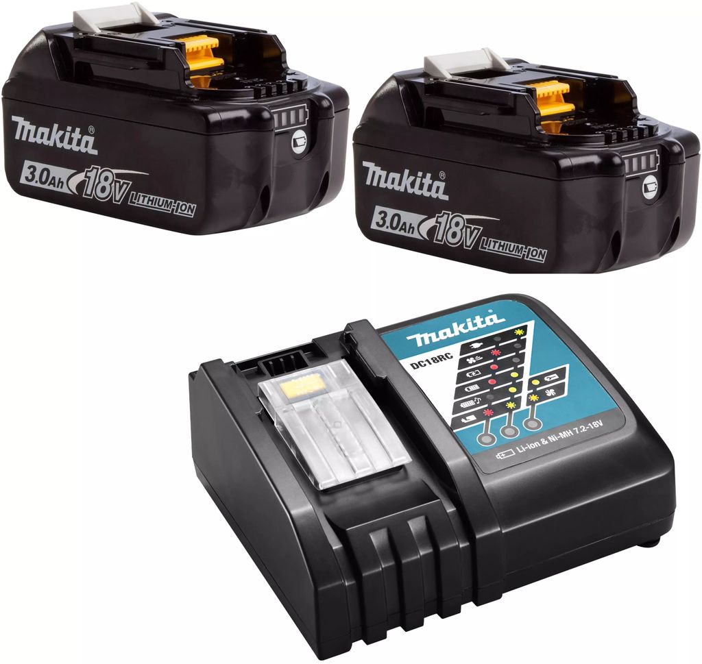 BATERIA CON INDICADOR DE CARGA BL1830B 18V 3.0AH LITIO-ION 2PZAS + CARGADOR DC18RC 18V, MAKITA