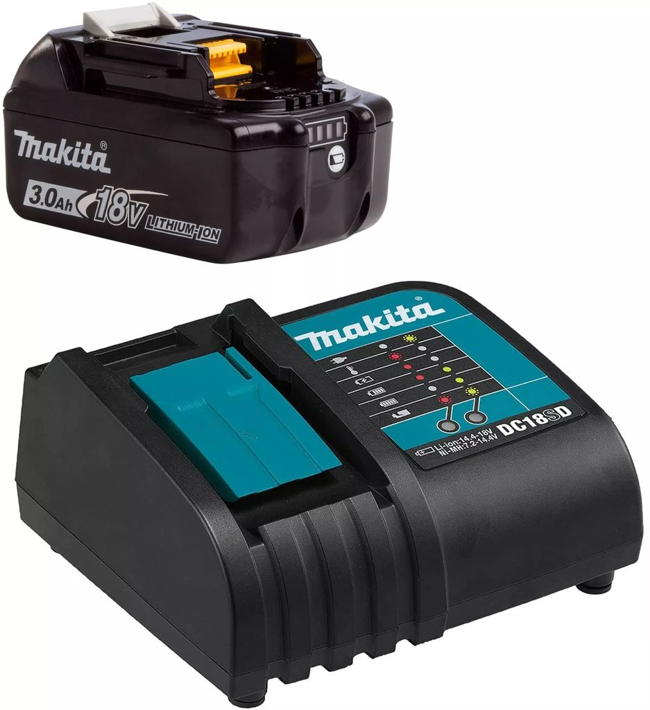BATERIA CON INDICADOR DE CARGA BL1830B 18V 3.0AH LITIO-ION + CARGADOR DC18SD 14.4V - 18V LXT, MAKITA
