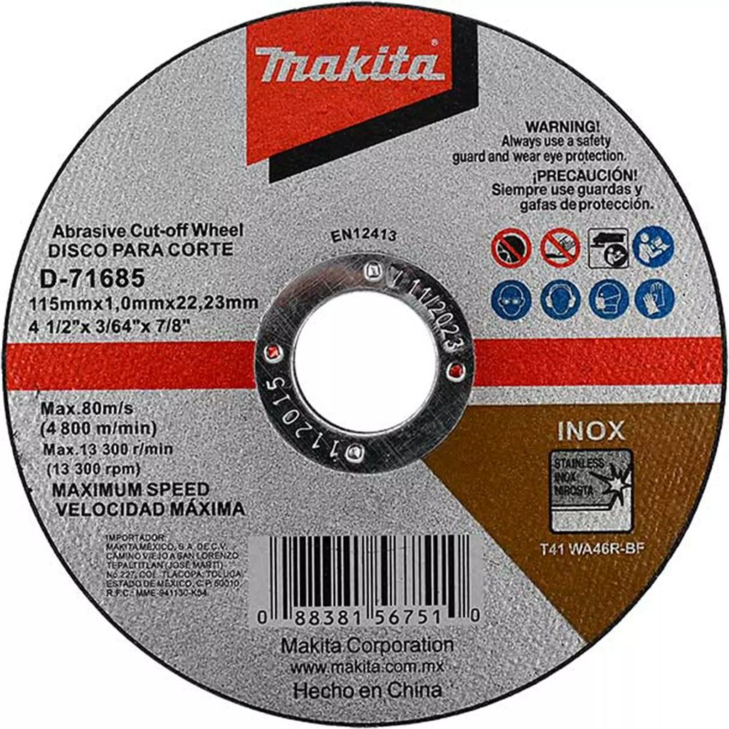 DISCO PARA CORTE ACERO INOXIDABLE 4.1/2"X3/64"X7/8" VELOCIDAD MAXIMA, MAKITA