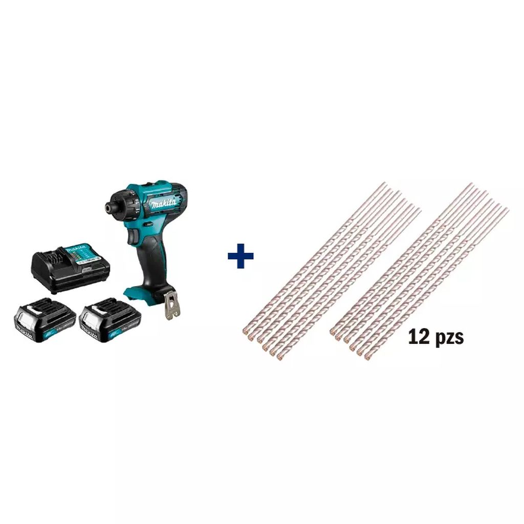 TALADRO ATOR INALAM. 3/8" 12V VVR 450-1700RPM 30/14 NM C/CARG C/BAT+BROCA CONCRETO 1/4"X6"(12PZS), MAKITA