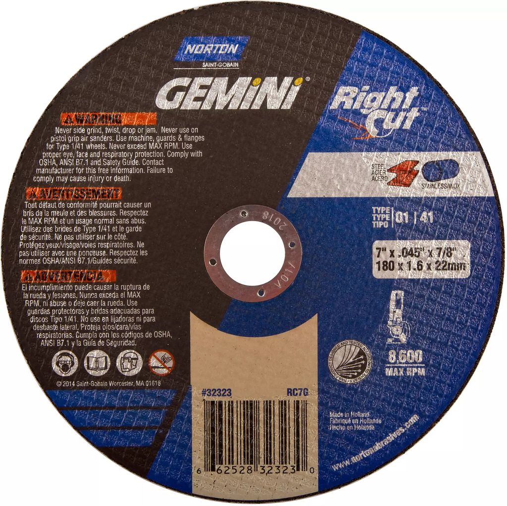 DISCO PARA CORTE DE ACERO INOXIDABLE 7"X1.6MMX7/8" SUPER DELGADO (GEMINI EVO RIGHTCUT RC7G), NORTON