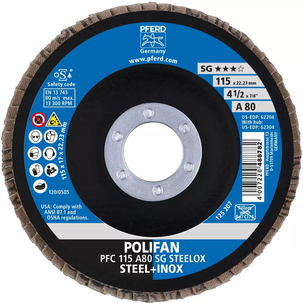DISCO POLIFAN PFC A-080 PS-FOR 115 X 22.2 MM 4 1/2 X 7/8 NARANJA/NEG-AZUL AC. E INOX, PFERD