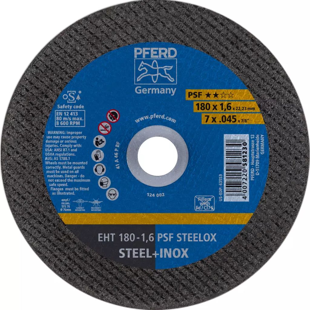 DISCO PARA CORTE DE ACERO INOXIDABLE 7"X1.6MMX7/8" SUPER DELGADO (PS-F), PFERD