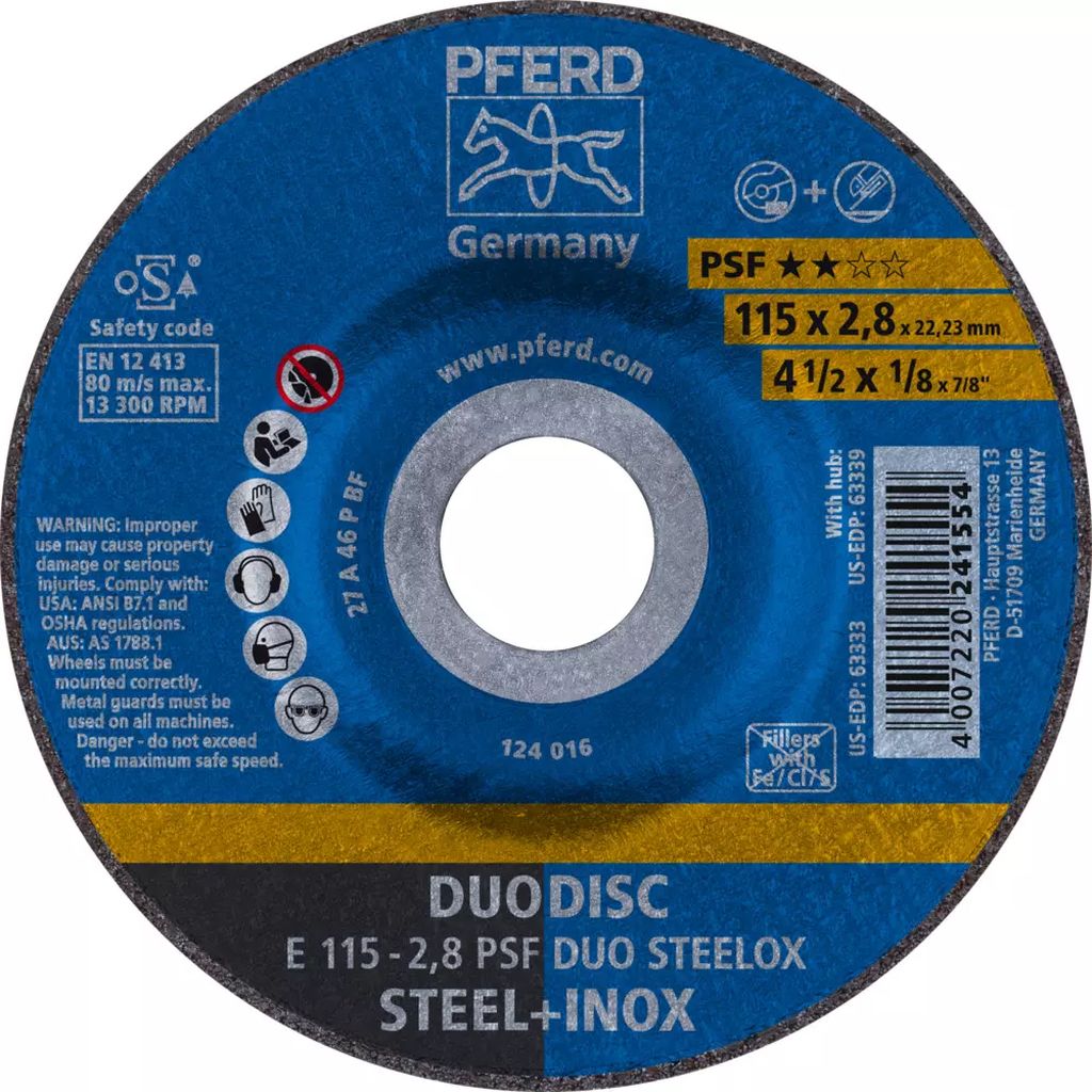DISCO T-27 4.1/2"X1/8"X7/8" PARA DESBASTE Y CORTE DE ACERO INOX  (PS-F), PFERD