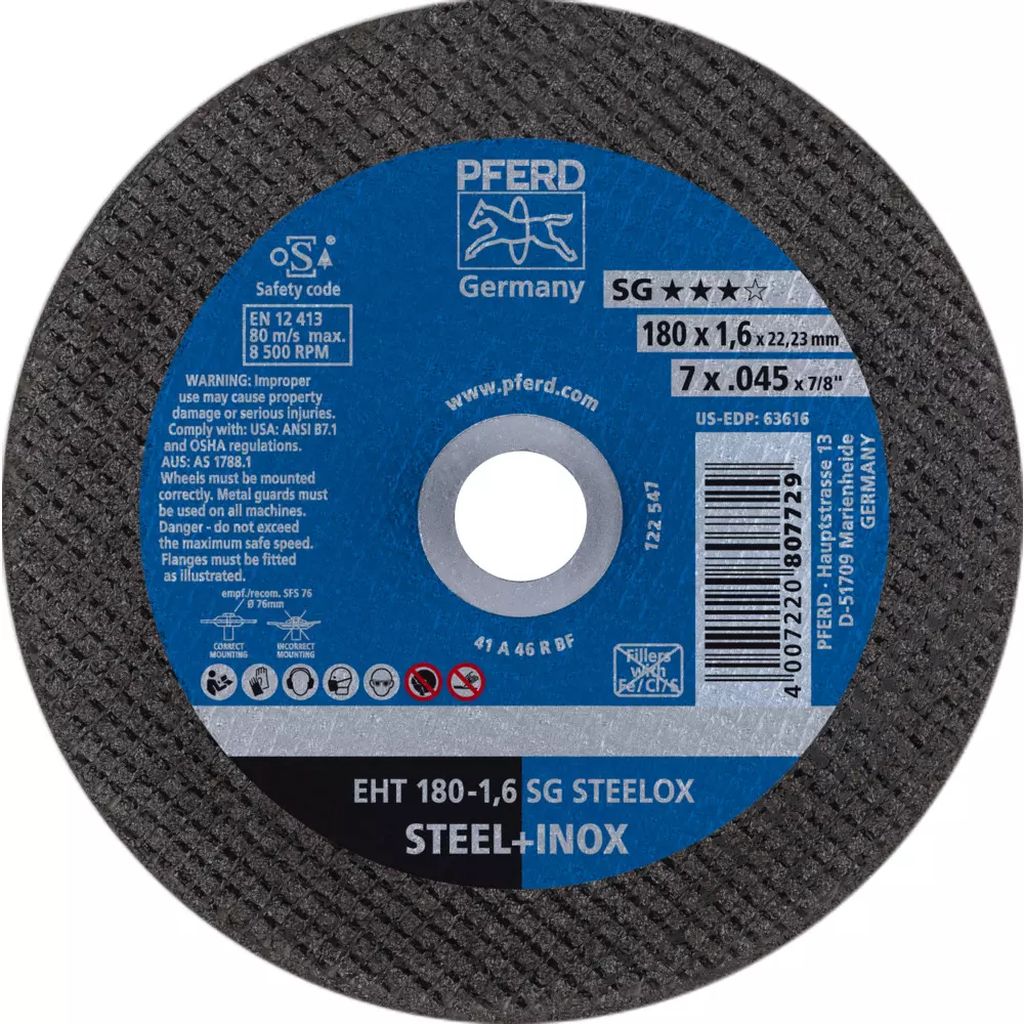 DISCO PARA CORTE DE ACERO INOXIDABLE 7"X1.6MMX7/8" SUPER DELGADO (INDUSTRIAL) (SG-E) 807729, PFERD