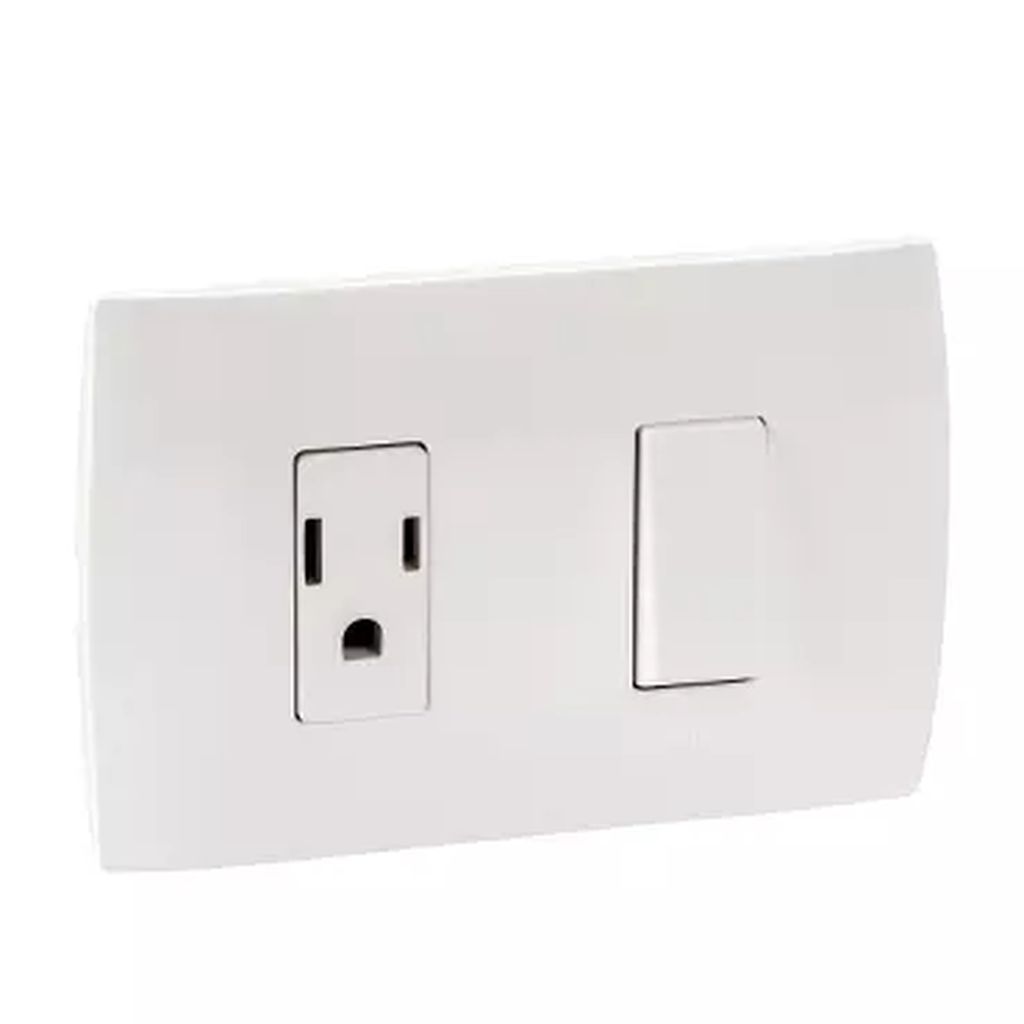 CONTACTO ELECTRICO CON PLACA 2P+T 16A CON PROTECCION INFANTIL CON APAGADOR 1 VIA 10A 127V BLANCO, MARISIO