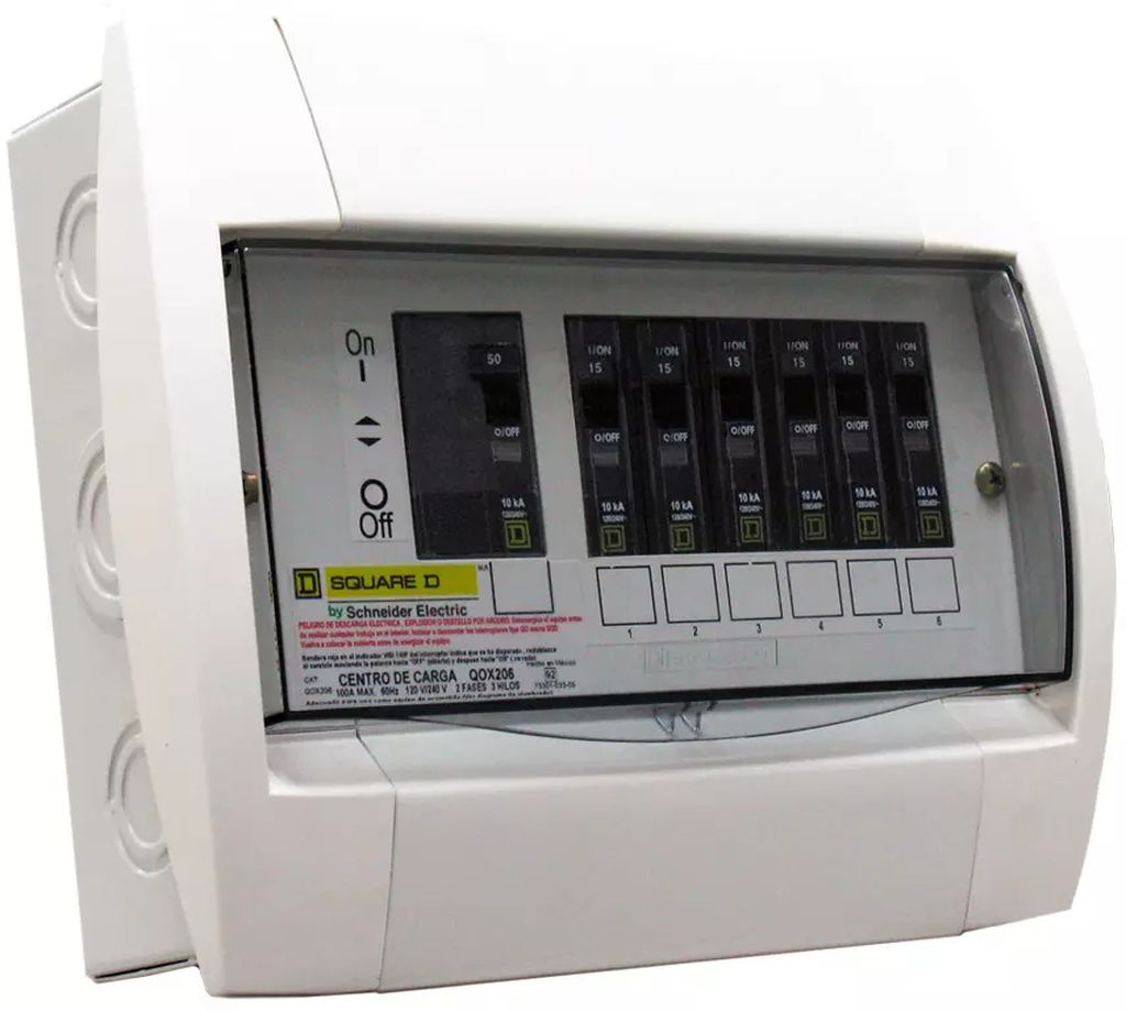 CENTRO DE CARGA CON 2 INTERRUPTORES PRINCIPALES Y 6 POLOS 100 A 10 KA 120/240 V AC DE ABS CON TAPA, SQUARE D