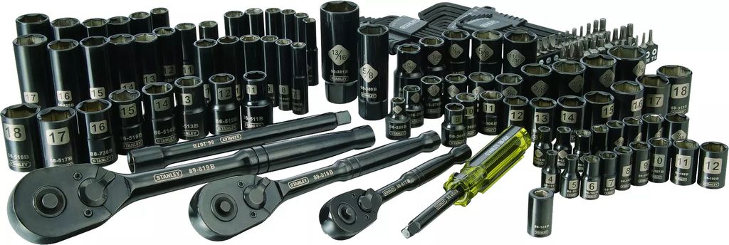 JUEGO DE DADOS 1/4" 3/8" 1/2" STD Y MM 6 PTAS CORTOS LARGOS ACCS CROMO NEGRO (143 PZAS) CJ PLASTICA, STANLEY