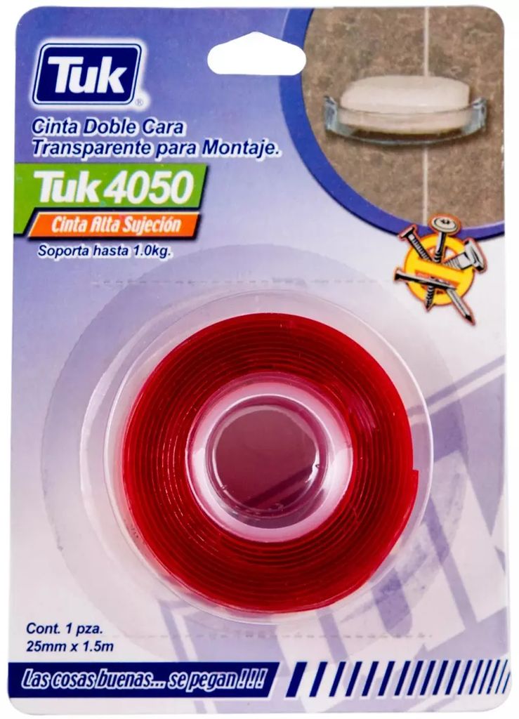 CINTA DE ESPUMA DOBLE CARA 1" (25MM) X 1.5 MT USO PESADO INTERIORES Y EXTERIORES, TUK