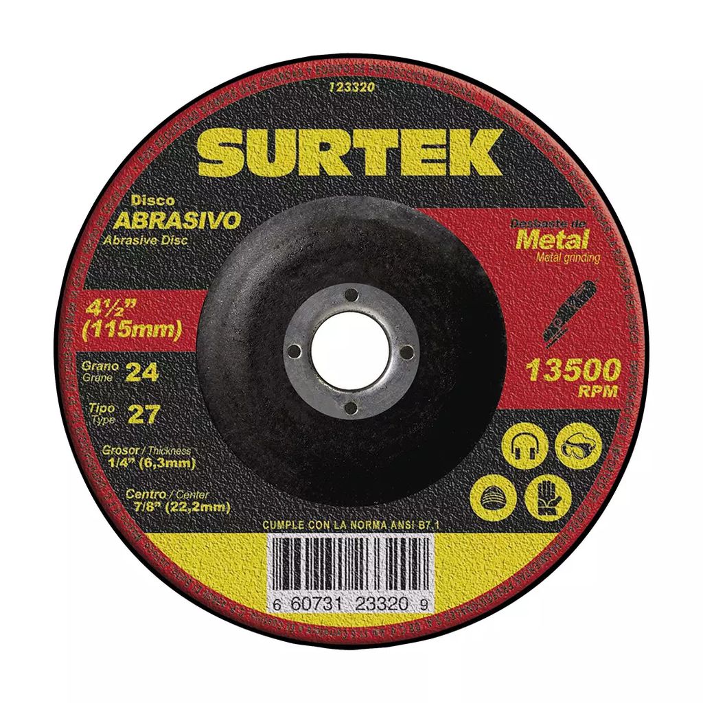 DISCO T-27 4.1/2"X1/4"X7/8" ALTO RENDIMIENTO PARA DESBASTE DE METAL, SURTEK
