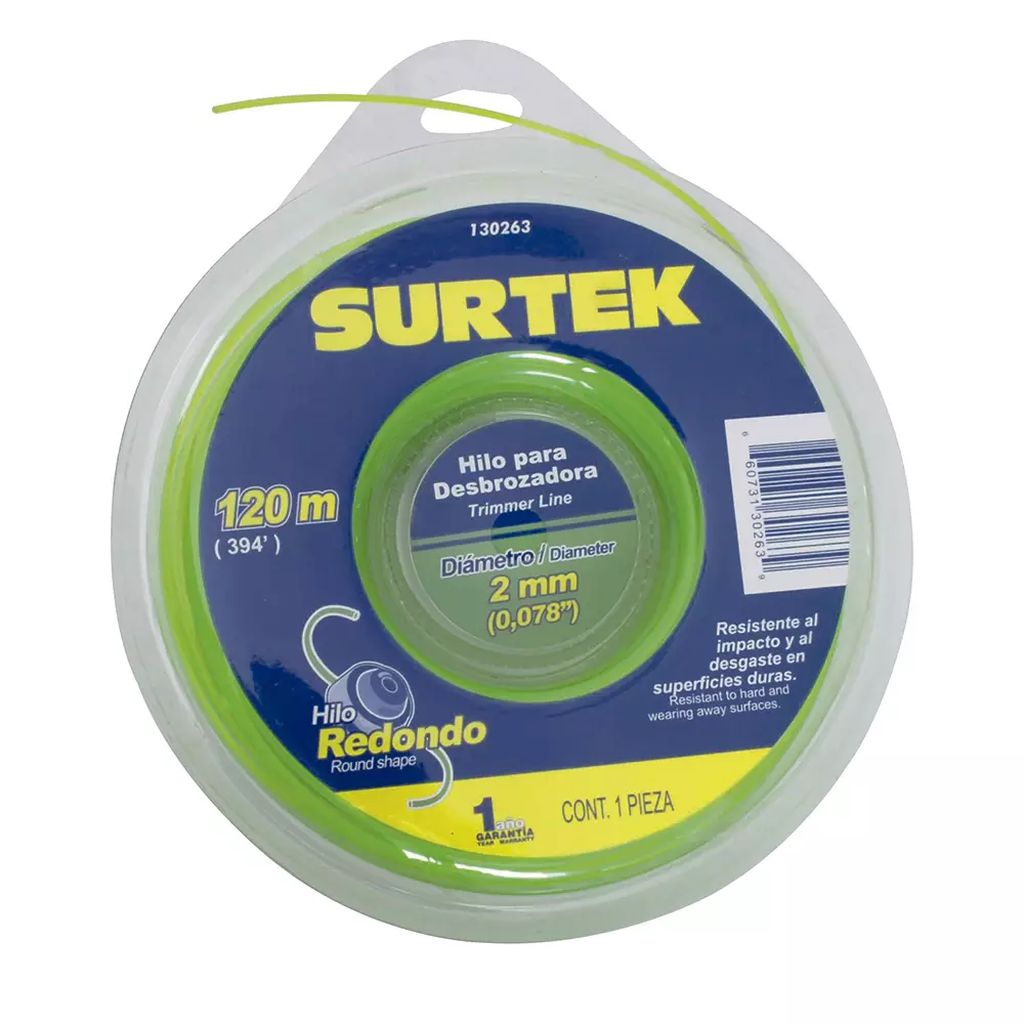NYLON PARA DESBROZADORA 120 MT ROLLO HILO REDONDO DE 2 MM VERDE (DOBLE BLISTER), SURTEK