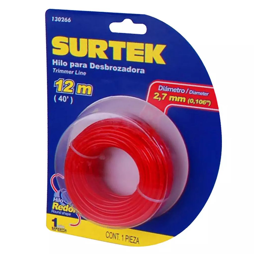 NYLON PARA DESBROZADORA 012 MT ROLLO HILO REDONDO DE 2.7 MM ROJO (BLISTER), SURTEK