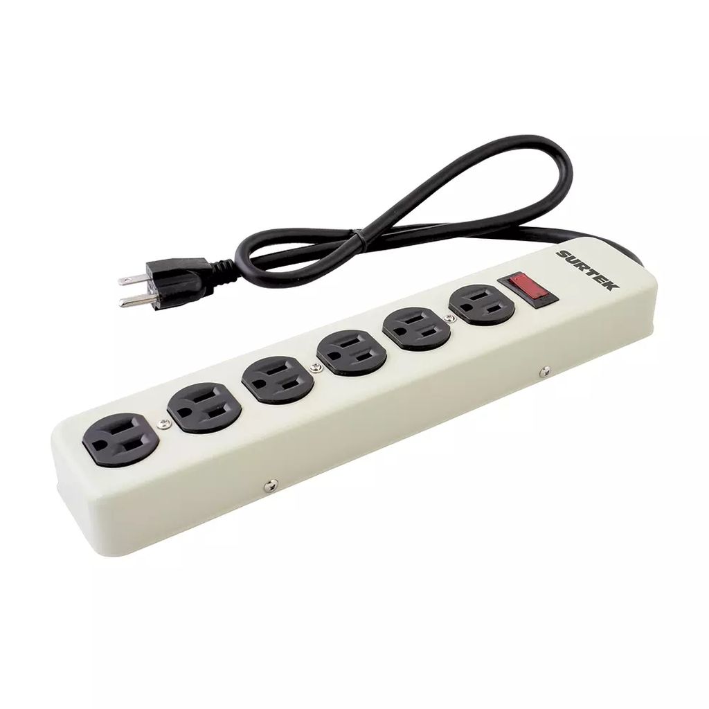 MULTICONTACTO ELECTRICO 125V 600J 6 ENTRADAS ATERRIZADAS BARRA SUP.PICOS (BEIGE), SURTEK