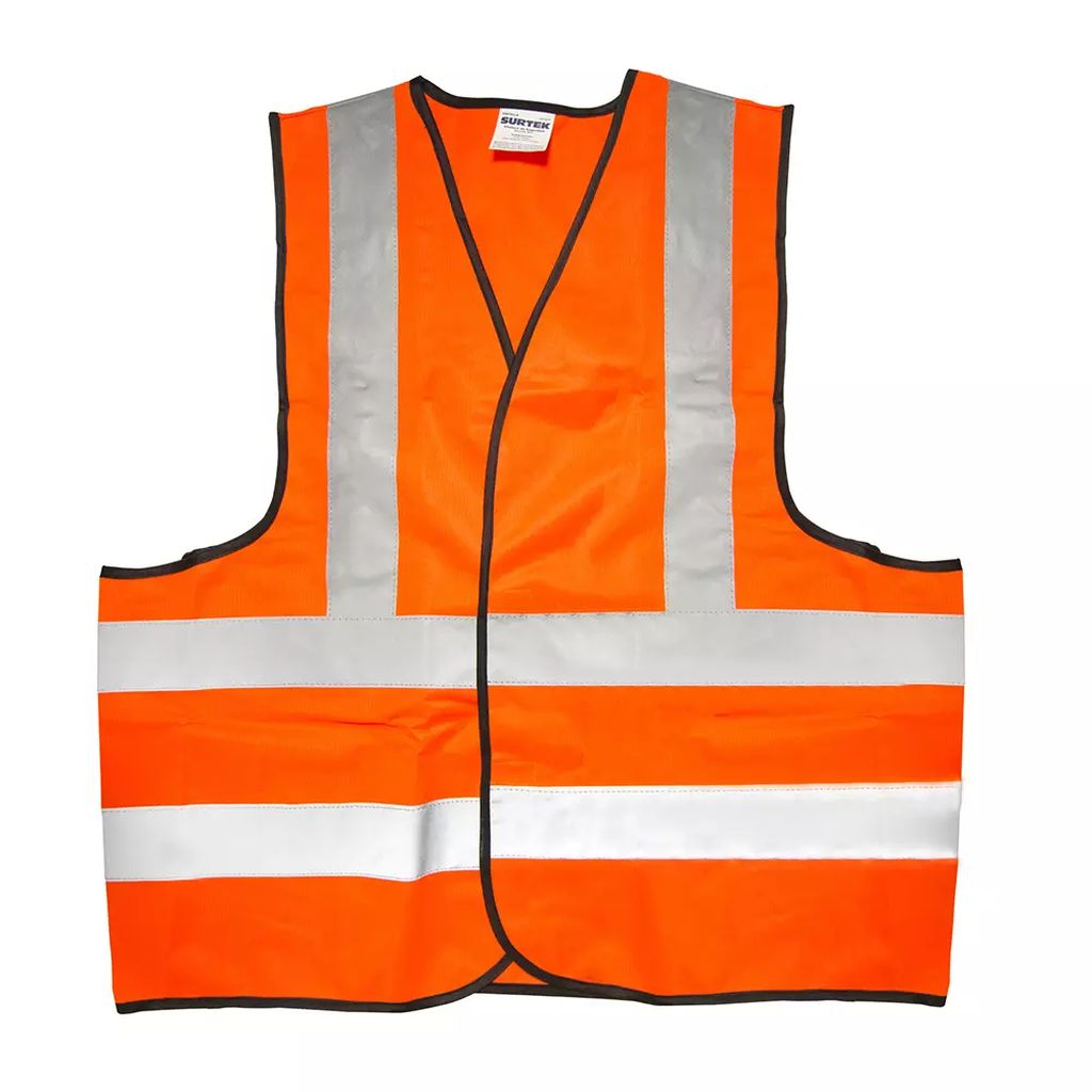 CHALECO NARANJA CINTA PLATEADA REFLEJANTE TELA DE POLIESTER RESPIRABLE, SURTEK