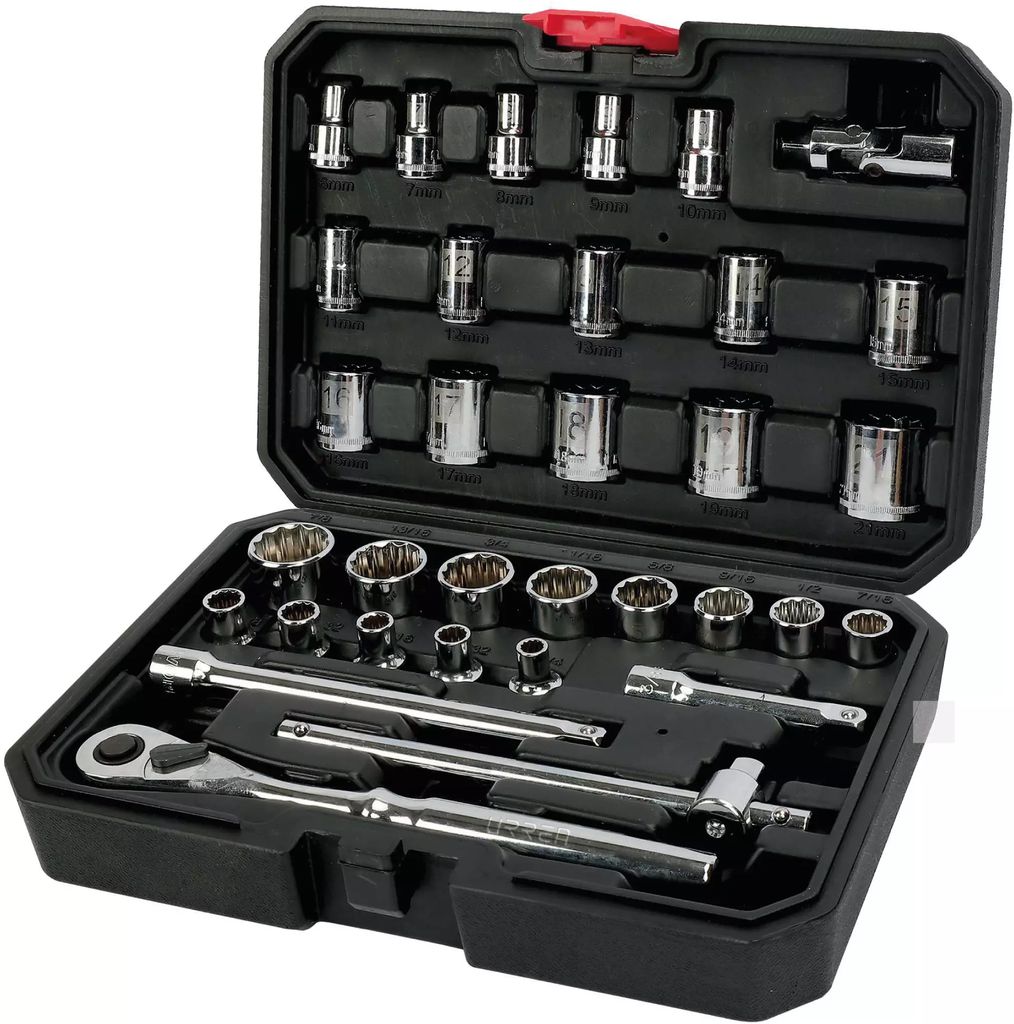 JUEGO DE DADOS Y ACCESORIOS COMBINADOS 33 PZAS 3/8 BM, URREA