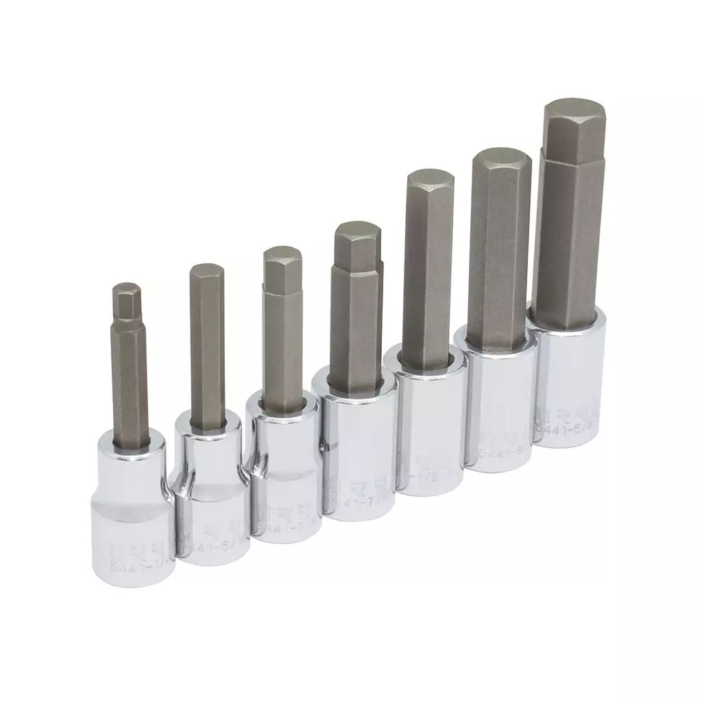 JUEGO DADOS CUADRO 1/2" CORTO STD PTA. HEX.  EN RIEL Y CLIPS (7 PZAS) DE 1/4" A 5/8", URREA
