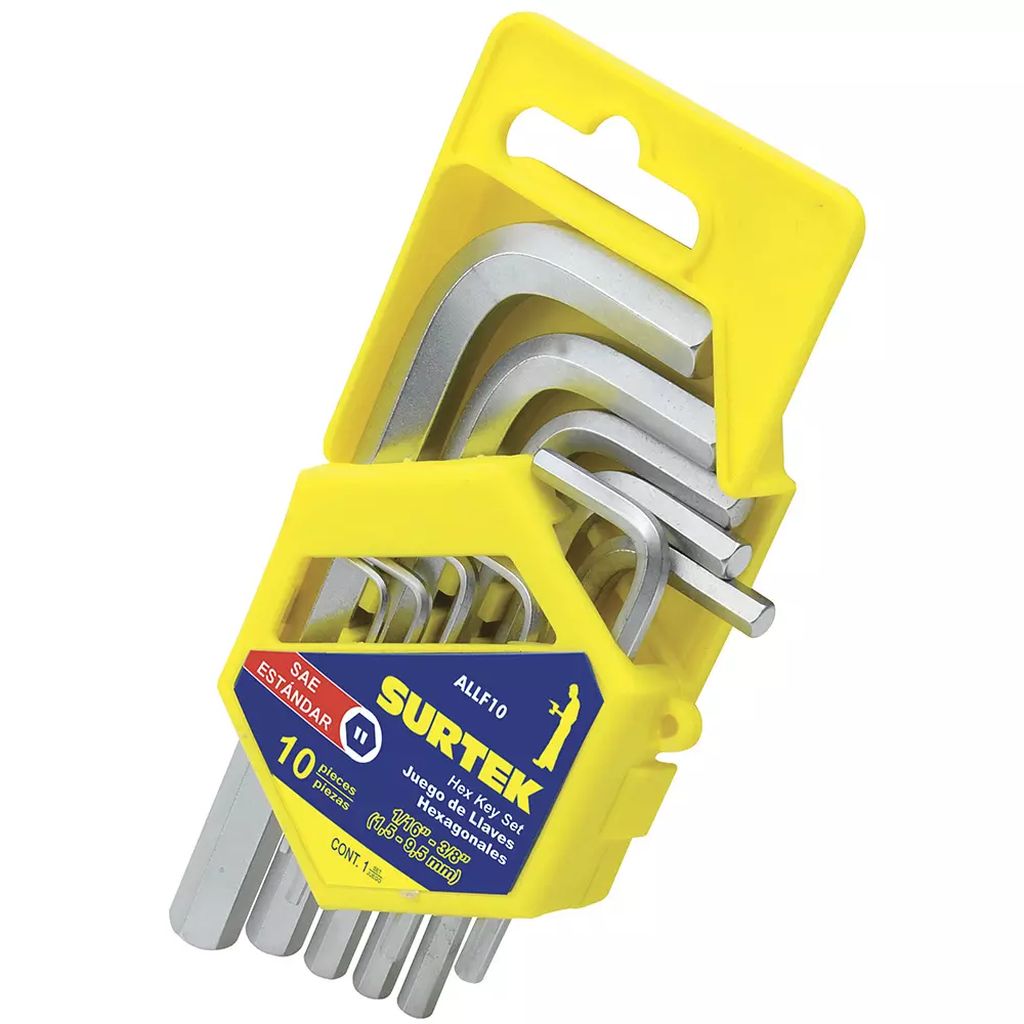 JUEGO DE LLAVES HEXAGONALES FRACCIONAL "L" (10 PZAS) RACK PLASTICO 1/16" A 3/8", SURTEK