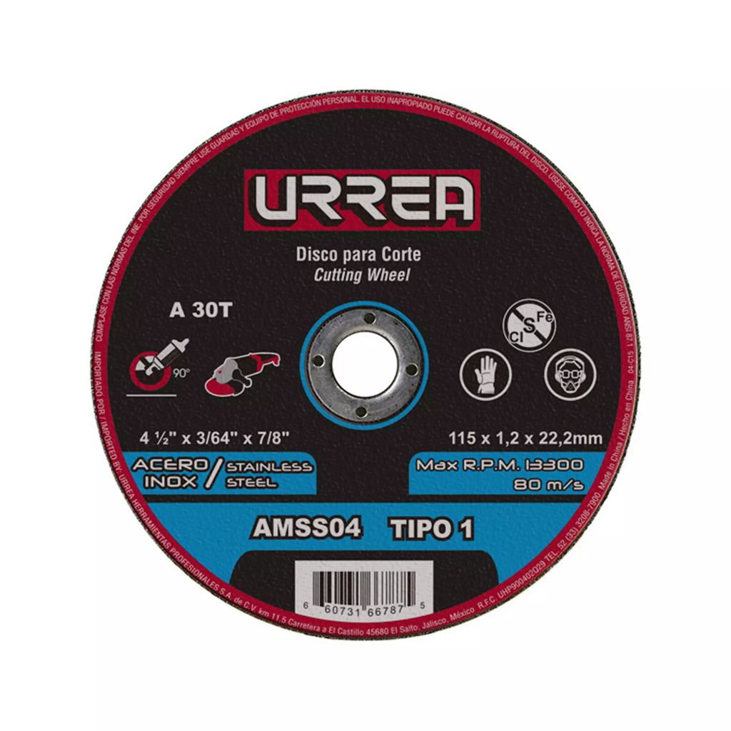 DISCO PARA CORTE DE ACERO INOXIDABLE 4.1/2"X3/64"X7/8" LARGA DURACION, URREA