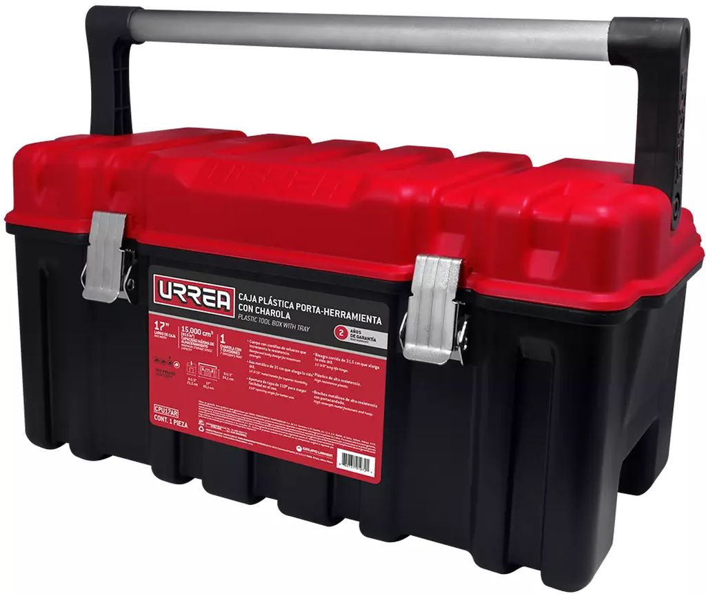CAJA PARA HERRAMIENTA PLAST 17" X 8.1/2" X 9.1/2" BROCHES METALICOS CHAROLA TAPA ROJA ASA METALICA, URREA