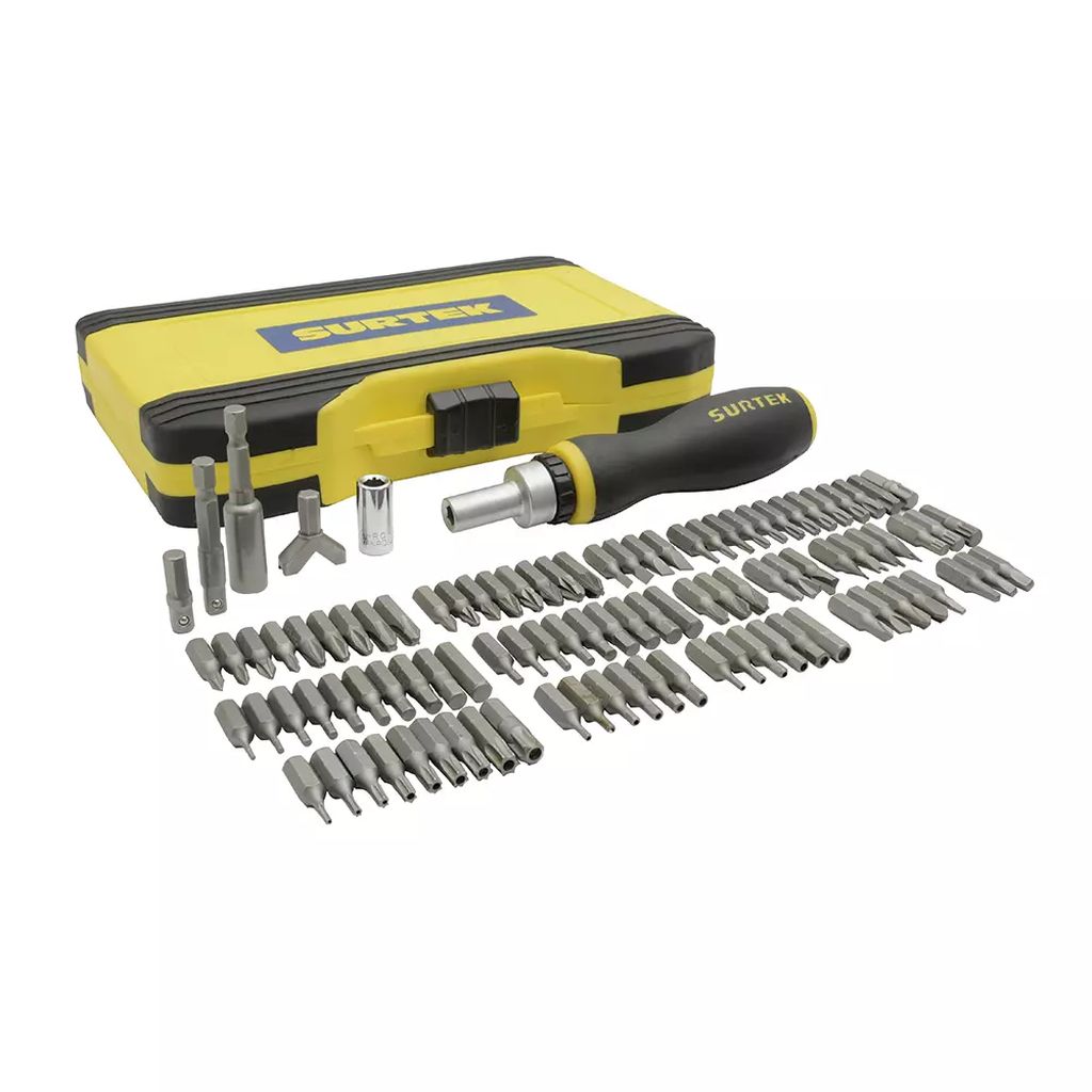 JUEGO DESARMADOR DE MATRACA PTAS. INTERC.  1/4" MANGO BIMATERIAL  (100 PUNTAS, DADOS Y ACCS.), SURTEK