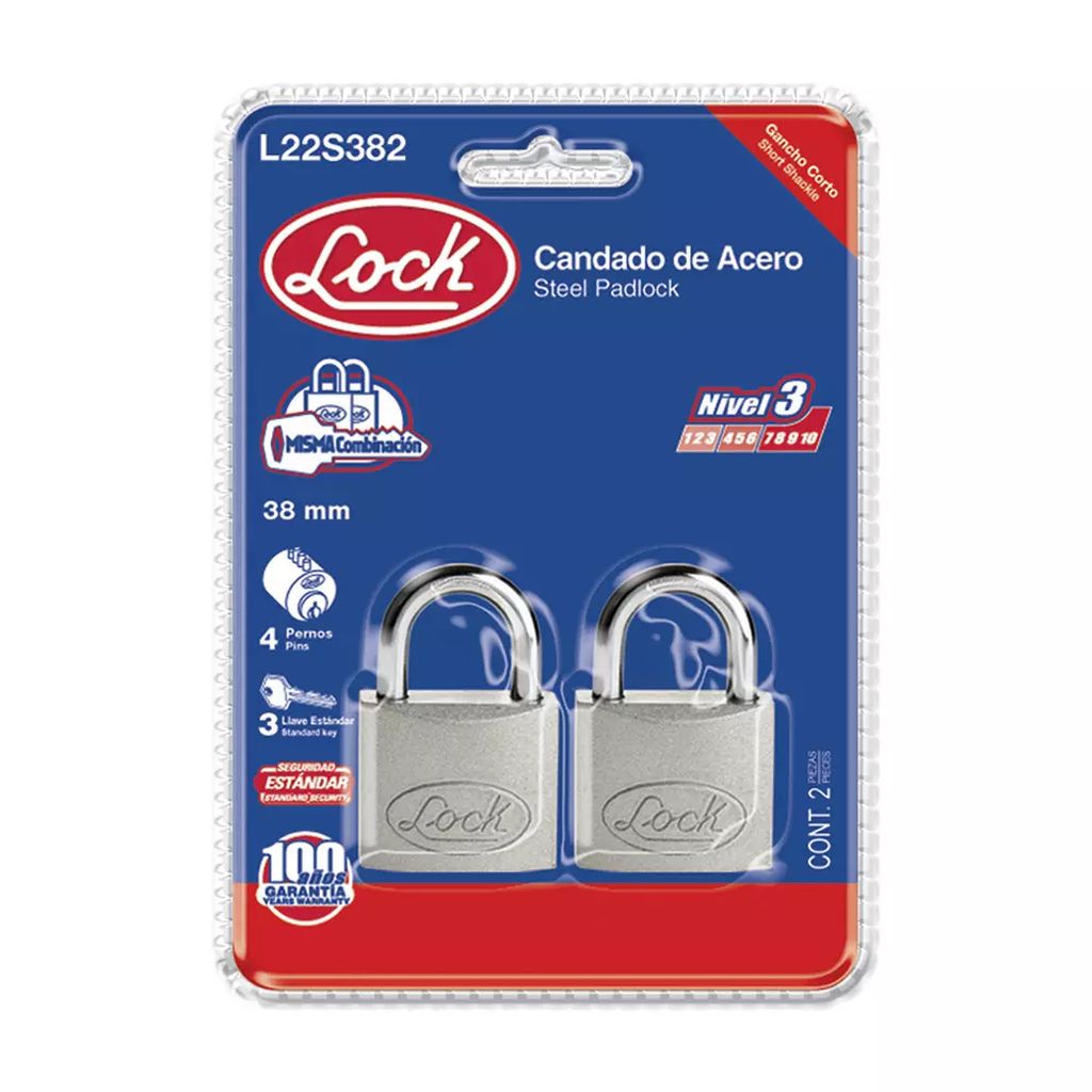 JUEGO DE CANDADOS DE ACERO 38MM GANCHO CORTO MISMA LLAVE (2 PZAS), LOCK